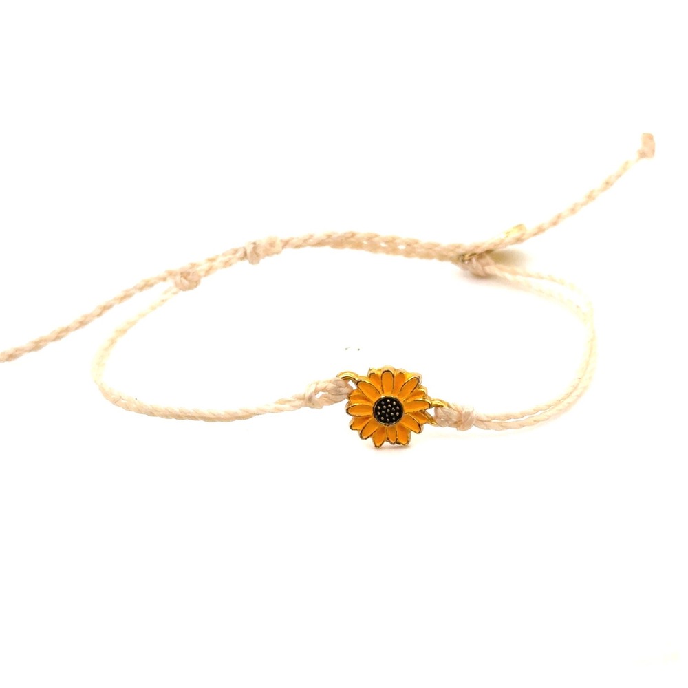 Pura Vida Sunflower Charm Bracelet Yellow Enamel Cream Braided Cord Adjustable